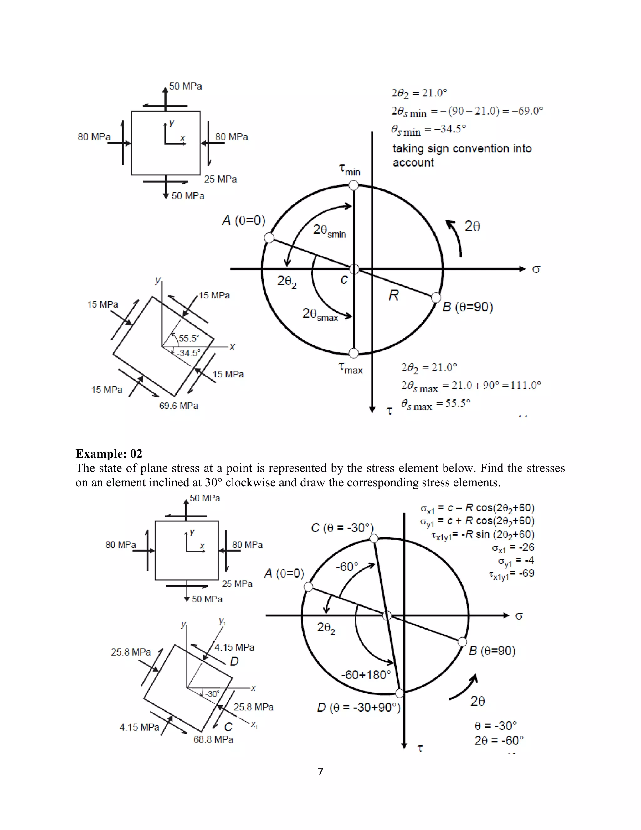 7
Example: 02
The state of plane stress at a point is represented by the stress element below. Find the stresses
on an element inclined at 30° clockwise and draw the corresponding stress elements.
 