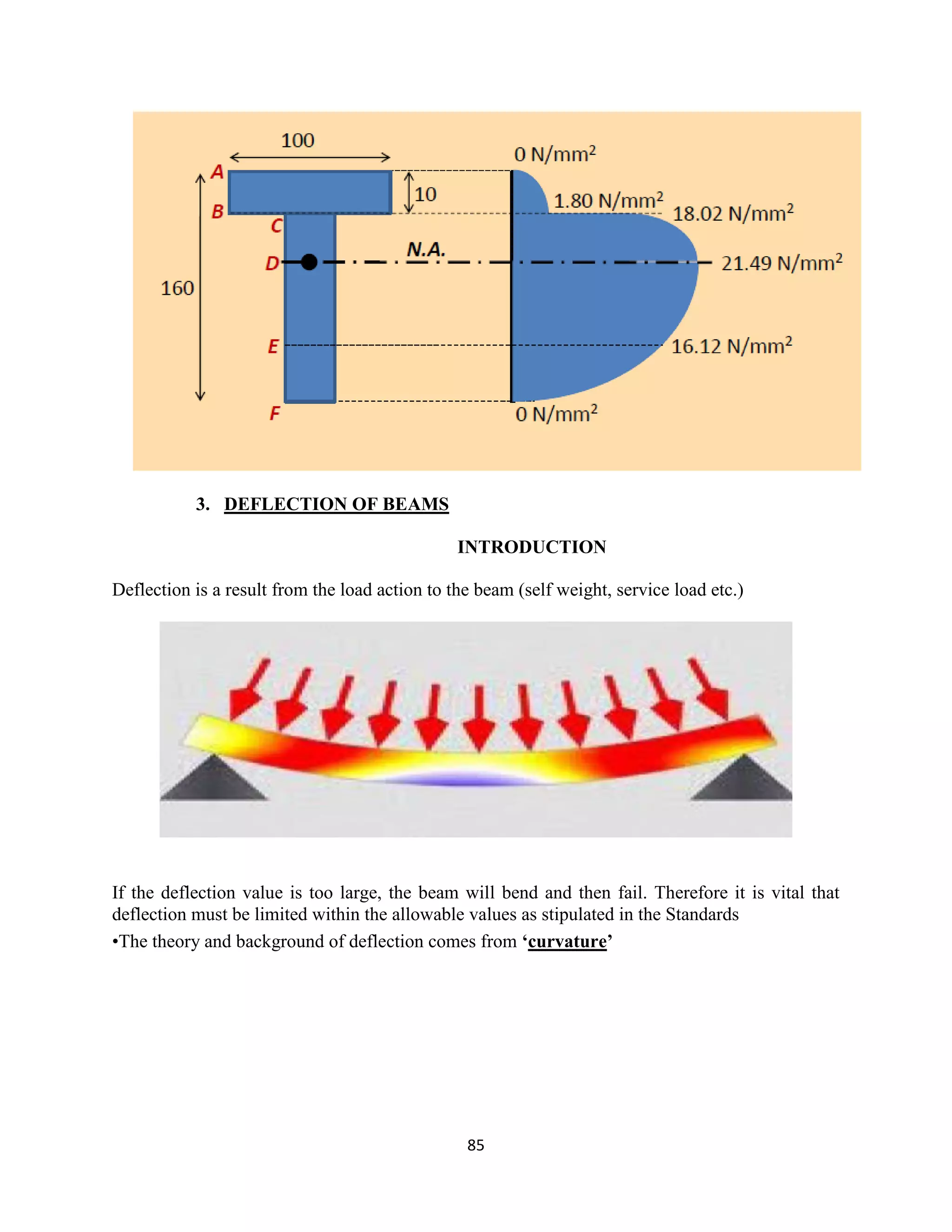 85
3. DEFLECTION OF BEAMS
INTRODUCTION
Deflection is a result from the load action to the beam (self weight, service load etc.)
If the deflection value is too large, the beam will bend and then fail. Therefore it is vital that
deflection must be limited within the allowable values as stipulated in the Standards
•The theory and background of deflection comes from ‘curvature’
 