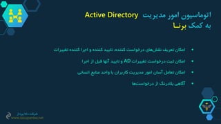 ‫مدیریت‬ ‫امور‬ ‫اتوماسیون‬Active Directory
‫کمک‬ ‫به‬‫برنـا‬
‫امکان‬‫تعریف‬‫های‬‫نقش‬‫درخواست‬،‫کننده‬‫تایید‬‫کننده‬‫و‬‫اجرا‬‫کننده‬‫تغییر‬‫ات‬
‫امکان‬‫ثبت‬‫درخواست‬‫تغییرات‬AD‫و‬‫تایید‬‫آنها‬‫قبل‬‫از‬‫اجرا‬
‫امکان‬‫تعامل‬‫آسان‬‫امور‬‫مدیریت‬‫کاربران‬‫با‬‫واحد‬‫منابع‬‫انسانی‬
‫آگاهی‬‫بالدرنگ‬‫از‬‫ها‬‫درخواست‬
‫پرداز‬ ‫دانا‬ ‫شرکت‬
www.danapardaz.net
 
