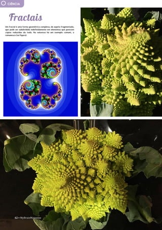 62 • MyBrainMagazine
CIÊNCIA
Um fractal é uma forma geométrica complexa, de aspeto fragmentado,
que pode ser subdividida indefinidamente em elementos que parecem
cópias reduzidas do todo. Na natureza há um exemplo comum, o
romanesco (na figura).
A informação é recebida e é guardada por menos de um segundo na
memória sensorial e, para a transferir para a memória de curto prazo,
tem de se prestar atenção de forma ativa. Os sinais recebidos através
dos olhos são passados para os lobos occipitais para processamento. Os
sinais recebidos por todos os sistemas sensoriais passam para o
hipocampo, onde são combinados como uma única experiência.
.Publicado 1st Ju
influência dos partidos comunistas devido às dificuldades do pós-
guerra. O presidente Truman, alarmado com a situação, tratou de
proclamarem as necessidades da América conter o avanço comunista
em todas as frentes (política de contenção), quer através de
intervenções militares quer de ajuda económica. A doutrina Truman
levou os EUA a proporem aos países europeus um plano de auxílio
financeiro, o Plano Marshall - destinado a promover a recuperação
económica e a estabilidade política, Aumentando o poder de compra
dos europeus ocidentais, beneficiando o próprio comércio americano.
Consolida-se assim o bloco ocidental, liderado pelos EUA. A reação
soviética não se fez esperar e em 1947 é criado o Kominform,
organismo que superintendia a ação dos partidos comunistas de todo
mundo, com sede em Moscovo, e, em 1949, em resposta ao plano
Marshall, a União Soviética instituiu o Comecon, a fim de incentivar a
cooperação económica com os novos estados comunistas. Consolida-se
assim o bloco de Leste, liderado pela URSS.
O
antagonismo dos dois blocos desencadeou um clima de
profunda tensão e de inúmeros conflitos. As duas superpotências nunca
ousaram confrontar-se diretamente, a razão da guerra ter demorado
quase meio século, por isso é que se chamou a este período Guerra Fria.
Cada superpotência procurava dispor de uma força cada vez mais
destruidora de modo a tornar-se superior à sua rival, o equilíbrio do
terror, que acabou por evitar a guerra.
A escalada militar centrou-se na corrida às armas nucleares e
na militarização dos dois blocos. Em 1949, os soviéticos conseguiram
pela primeira vez na bomba atómica, graças a um casal de espiões
soviéticos, O casal Rosenberg, infiltrado nos EUA, ficando a par dos
americanos. Dois anos depois, os americanos fabricaram a primeira
bomba de hidrogénio (500 vezes mais potente que a de Hiroshima) e,
passado seis meses, a URSS igualava-os. A partir de então, com a
construção de mísseis de médio e longo alcance, o terror nuclear não
parou de aumentar. Entretanto, em 1949, os EUA formaram, com o
Canadá e os seus aliados europeus, a organização do tratado do
Atlântico Norte (NATO), Cujo objetivo era dotar o bloco ocidental com
uma poderosa estrutura militar. Em 1955, a URSS estabeleceu o Pacto de
Varsóvia, com os países comunistas europeus. Os EUA e a URSS
alargaram ainda as alianças a outros países, ficando praticamente todo
mundo envolvido no antagonismo bipolar.
Os serviço secretos (A CIA americana e o KGB soviético), além
de atividades de espionagem, exerciam uma vigilância permanente no
interior dos próprios países. Na URSS e no Leste europeu, os que se
opunham a Estaline foram alvo de violenta repressão. Nos EUA, uma
campanha anticomunista, conduzida pelo senador McCarthy, perseguiu
milhares de cidadãos por praticarem atividades antiamericanas - o
macarthismo. desafio consistia em cobrir o edifício com uma dimensão
próxima do Panteão de Roma sem recorrer aos arcos ogivados nem às
soluções góticas. Brunelleschi construiu duas cúpulas, de secção
octogonal, uma envolvendo a outra. A Brunelleschi se deve ainda a
criação da perspetiva linear, caracterizada por um único ponto de fuga.
A descoberta das leis da perspetiva permite a representação
62 • MyBrainMagazine
 