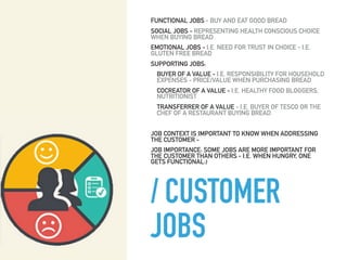 / CUSTOMER
JOBS
FUNCTIONAL JOBS - BUY AND EAT GOOD BREAD
SOCIAL JOBS - REPRESENTING HEALTH CONSCIOUS CHOICE
WHEN BUYING BREAD
EMOTIONAL JOBS - I.E. NEED FOR TRUST IN CHOICE - I.E.
GLUTEN FREE BREAD
SUPPORTING JOBS:
BUYER OF A VALUE - I.E. RESPONSIBILITY FOR HOUSEHOLD
EXPENSES - PRICE/VALUE WHEN PURCHASING BREAD
COCREATOR OF A VALUE - I.E. HEALTHY FOOD BLOGGERS,
NUTRITIONIST
TRANSFERRER OF A VALUE - I.E. BUYER OF TESCO OR THE
CHEF OF A RESTAURANT BUYING BREAD
JOB CONTEXT IS IMPORTANT TO KNOW WHEN ADDRESSING
THE CUSTOMER -
JOB IMPORTANCE: SOME JOBS ARE MORE IMPORTANT FOR
THE CUSTOMER THAN OTHERS - I.E. WHEN HUNGRY, ONE
GETS FUNCTIONAL:)
 