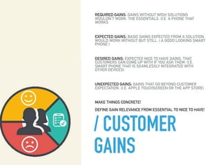 / CUSTOMER
GAINS
REQUIRED GAINS: GAINS WITHOUT WISH SOLUTIONS
WOULDN’T WORK. THE ESSENTIALS. (I.E. A PHONE THAT
WORKS
EXPECTED GAINS: BASIC GAINS EXPECTED FROM A SOLUTION.
WOULD WORK WITHOUT BUT STILL. ( A GOOD LOOKING SMART
PHONE )
DESIRED GAINS: EXPECTED NICE TO HAVE GAINS, THAT
CUSTOMERS CAN COME UP WITH IF YOU ASK THEM. (I.E.
SMART PHONE THAT IS SEAMLESSLY INTEGRATED WITH
OTHER DEVICES)
UNEXPECTED GAINS: GAINS THAT GO BEYOND CUSTOMER
EXPECTATION. (I.E. APPLE TOUCHSCREEN OR THE APP STORE)
MAKE THINGS CONCRETE! 
 
DEFINE GAIN RELEVANCE FROM ESSENTIAL TO NICE TO HAVE!
 