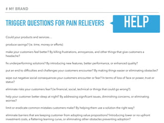 TRIGGER QUESTIONS FOR PAIN RELIEVERS
Could your products and services…
produce savings? (ie. time, money or efforts)
make your customers feel better? By killing frustrations, annoyances, and other things that give customers a
headache?
ﬁx underperforming solutions? By introducing new features, better performance, or enhanced quality?
put an end to difﬁculties and challenges your customers encounter? By making things easier or eliminating obstacles?
wipe out negative social consequences your customers encounter or fear? In terms of loss of face or power, trust or
status?
eliminate risks your customers fear? (ie ﬁnancial, social, technical or things that could go wrong?)
help your customer better sleep at night? By addressing signiﬁcant issues, diminishing concerns, or eliminating
worries?
limit or eradicate common mistakes customers make? By helping them use a solution the right way?
eliminate barriers that are keeping customer from adopting value propositions? Introducing lower or no upfront
investment costs, a ﬂattering learning curve, or eliminating other obstacles preventing adoption?
# MY BRAND
HELP
 