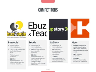 Competitors
15
Buzzoole
• Piattaforma di
intermediazione.
• Circa 23349 influencers
(dato del Giugno
2015).
• PRO: sviluppo
avanzato.
• CONTRO:
intermediazione tra
Influencers e Aziende,
nessuna classifica.
Teads
• Piattaforma di
intermediazione.
• PRO: sviluppo e piano
commerciale
avanzato.
• CONTRO:
intermediazione tra
influencers e aziende
e mancanza di
chiarezza nelle
classifiche online degli
influencers.
UpStory
• Piattaforma di
intermediazione.
• PRO: sviluppo
avanzato e piano
commerciale
collaudato.
• CONTRO:
intermediazione tra
influencers e aziende,
nessuna classifica.
Klout
• Klout è un servizio di
social networking che
offre analisi statistiche
personalizzate sui social
media.
• PRO: sviluppo
avanzato .
• CONTRO:
intermediazione tra
Influencers e Aziende.
 