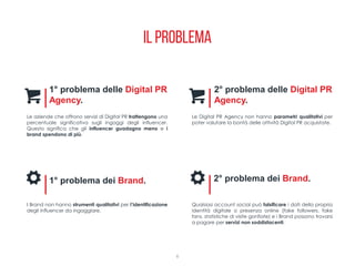 Il problema
6
Le aziende che offrono servizi di Digital PR trattengono una
percentuale significativa sugli ingaggi degli influencer.
Questo significa che gli influencer guadagno meno e i
brand spendono di più.
1° problema delle Digital PR
Agency.
1° problema dei Brand.
2° problema delle Digital PR
Agency.
2° problema dei Brand.
Le Digital PR Agency non hanno parametri qualitativi per
poter valutare la bontà delle attività Digital PR acquistate.
I Brand non hanno strumenti qualitativi per l’identificazione
degli influencer da ingaggiare.
Qualsiasi account social può falsificare i dati della propria
identità digitale o presenza online (fake followers, fake
fans, statistiche di visite gonfiate) e i Brand possono trovarsi
a pagare per servizi non soddisfacenti.
 