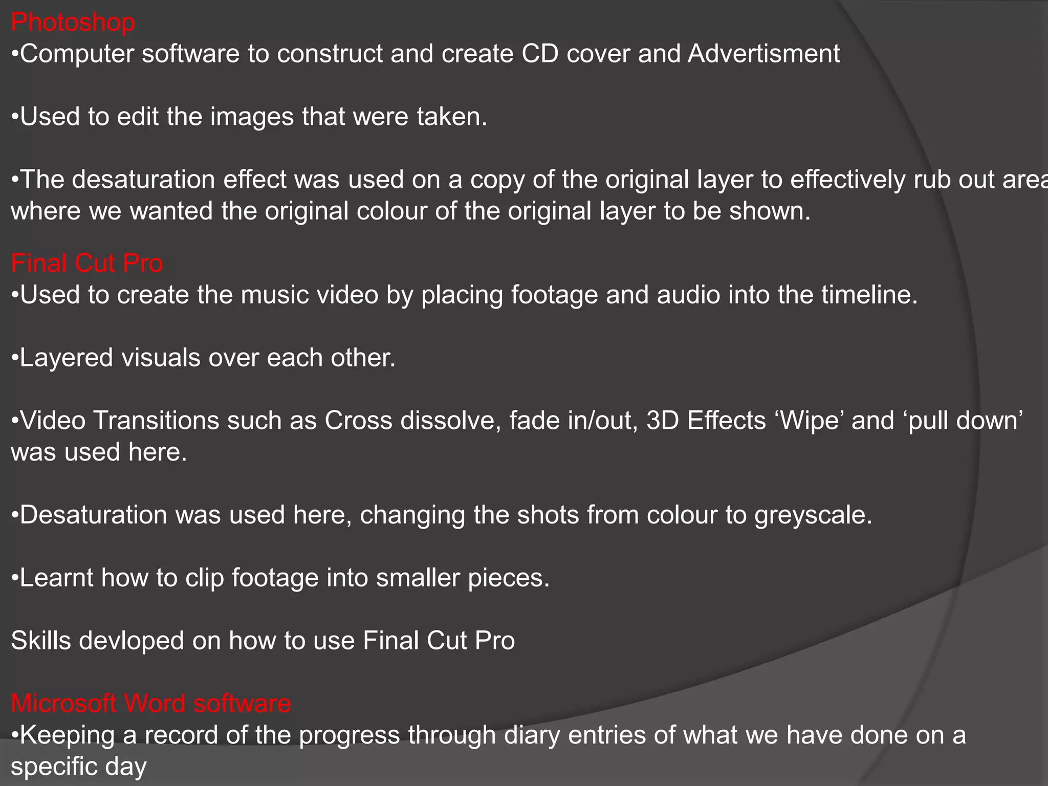 How did you use media technologies in the construction and research planning and evaluation stages? Construction HD Camera Zoomed in in certain pieces of footage to give a sense of focus on the backgrounds     and actor/actress.Record video footage for music video using different shots including high angle and close up shots Digital cameraTo capture a variety of  still photo’s for ancillary task and uploaded to bloggerI used two images for my advertisement of woman walking down the street and women looking upset and edited them on Photoshop to fit for purposeI used the images for my advertisement of woman walking down the street and women looking upset and edited them on Photoshop to fit for purpose  