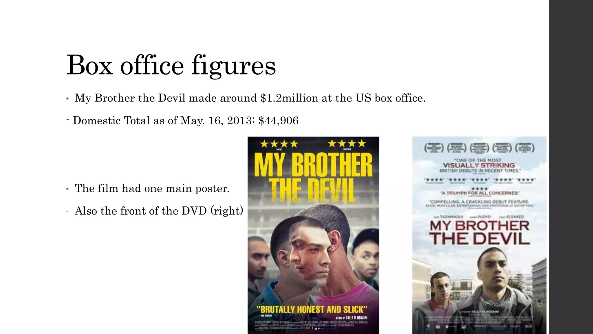 Box office figures
• My Brother the Devil made around $1.2million at the US box office.
- Domestic Total as of May. 16, 2013: $44,906
• The film had one main poster.
- Also the front of the DVD (right)
 