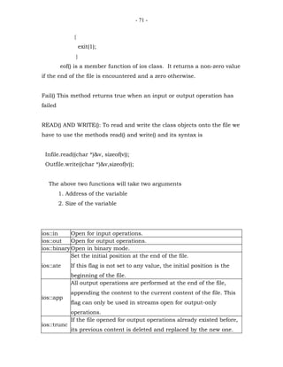 - 71 -


               {
                       exit(1);
                   }
         eof() is a member function of ios class. It returns a non-zero value
if the end of the file is encountered and a zero otherwise.


Fail() This method returns true when an input or output operation has
failed


READ() AND WRITE(): To read and write the class objects onto the file we
have to use the methods read() and write() and its syntax is


 Infile.read((char *)&v, sizeof(v));
 Outfile.write((char *)&v,sizeof(v));


  The above two functions will take two arguments
         1. Address of the variable
         2. Size of the variable




ios::in     Open for input operations.
ios::out    Open for output operations.
ios::binary Open in binary mode.
            Set the initial position at the end of the file.
ios::ate     If this flag is not set to any value, the initial position is the
             beginning of the file.
             All output operations are performed at the end of the file,
             appending the content to the current content of the file. This
ios::app
             flag can only be used in streams open for output-only
             operations.
             If the file opened for output operations already existed before,
ios::trunc
             its previous content is deleted and replaced by the new one.
 