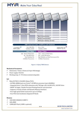Figure 1-4 Zynq-7000 Devices
Mechanical Parameters
 Dimensions: 75mm x 55mm (12-layer PCB design)
 Power supply: 5V/0.5A
 Working temp.: 0~70 Celsius (commercial grade)
SoC
 Xilinx XC7Z015-1CLG485C (Zynq-7015)
- 667MHz ARM® dual-core Cortex™-A9 MPCore processor (up to 866MHz)
- Integrated Artix-7 class FPGA subsystem with 74K logic cells, 46,200 LUTs, 160 DSP slices
- NEON™ & Single / Double Precision Floating Point for each processor
- Supports a Variety of Static and Dynamic Memory Interfaces
- Four high-speed SerDes transceivers up to 6.25Gbps
- Four PCIe Gen2 hardened, integrated IP blocks
Memory
 1GB DDR3 SDRAM (512MB*2）
 4GB eMMC
 32MB QSPI Flash (16MB is optional)
4 / 8
 
