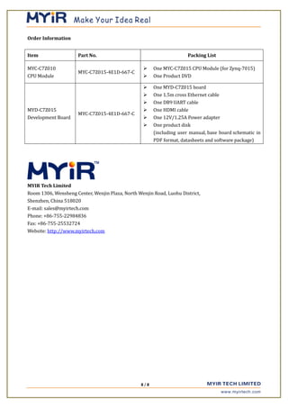 Order Information
Item Part No. Packing List
MYC-C7Z010
CPU Module
MYC-C7Z015-4E1D-667-C
 One MYC-C7Z015 CPU Module (for Zynq-7015)
 One Product DVD
MYD-C7Z015
Development Board
MYC-C7Z015-4E1D-667-C
 One MYD-C7Z015 board
 One 1.5m cross Ethernet cable
 One DB9 UART cable
 One HDMI cable
 One 12V/1.25A Power adapter
 One product disk
(including user manual, base board schematic in
PDF format, datasheets and software package)
MYIR Tech Limited
Room 1306, Wensheng Center, Wenjin Plaza, North Wenjin Road, Luohu District,
Shenzhen, China 518020
E-mail: sales@myirtech.com
Phone: +86-755-22984836
Fax: +86-755-25532724
Website: http://www.myirtech.com
8 / 8
 