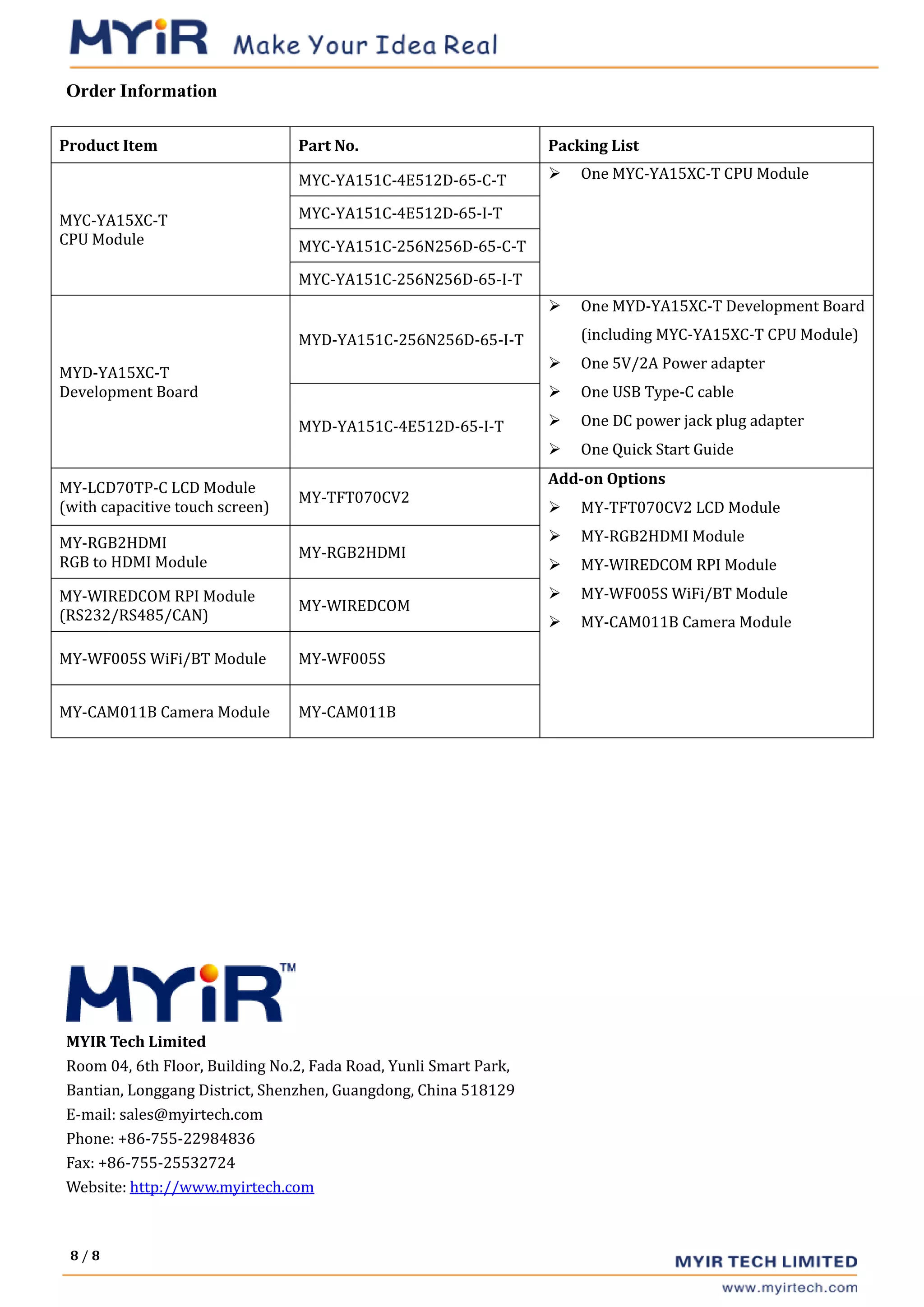 8 / 8
Order Information
Product Item Part No. Packing List
MYC-YA15XC-T
CPU Module
MYC-YA151C-4E512D-65-C-T ➢ One MYC-YA15XC-T CPU Module
MYC-YA151C-4E512D-65-I-T
MYC-YA151C-256N256D-65-C-T
MYC-YA151C-256N256D-65-I-T
MYD-YA15XC-T
Development Board
MYD-YA151C-256N256D-65-I-T
➢ One MYD-YA15XC-T Development Board
(including MYC-YA15XC-T CPU Module)
➢ One 5V/2A Power adapter
➢ One USB Type-C cable
➢ One DC power jack plug adapter
➢ One Quick Start Guide
MYD-YA151C-4E512D-65-I-T
MY-LCD70TP-C LCD Module
(with capacitive touch screen)
MY-TFT070CV2
Add-on Options
➢ MY-TFT070CV2 LCD Module
➢ MY-RGB2HDMI Module
➢ MY-WIREDCOM RPI Module
➢ MY-WF005S WiFi/BT Module
➢ MY-CAM011B Camera Module
MY-RGB2HDMI
RGB to HDMI Module
MY-RGB2HDMI
MY-WIREDCOM RPI Module
(RS232/RS485/CAN)
MY-WIREDCOM
MY-WF005S WiFi/BT Module MY-WF005S
MY-CAM011B Camera Module MY-CAM011B
MYIR Tech Limited
Room 04, 6th Floor, Building No.2, Fada Road, Yunli Smart Park,
Bantian, Longgang District, Shenzhen, Guangdong, China 518129
E-mail: sales@myirtech.com
Phone: +86-755-22984836
Fax: +86-755-25532724
Website: http://www.myirtech.com
 