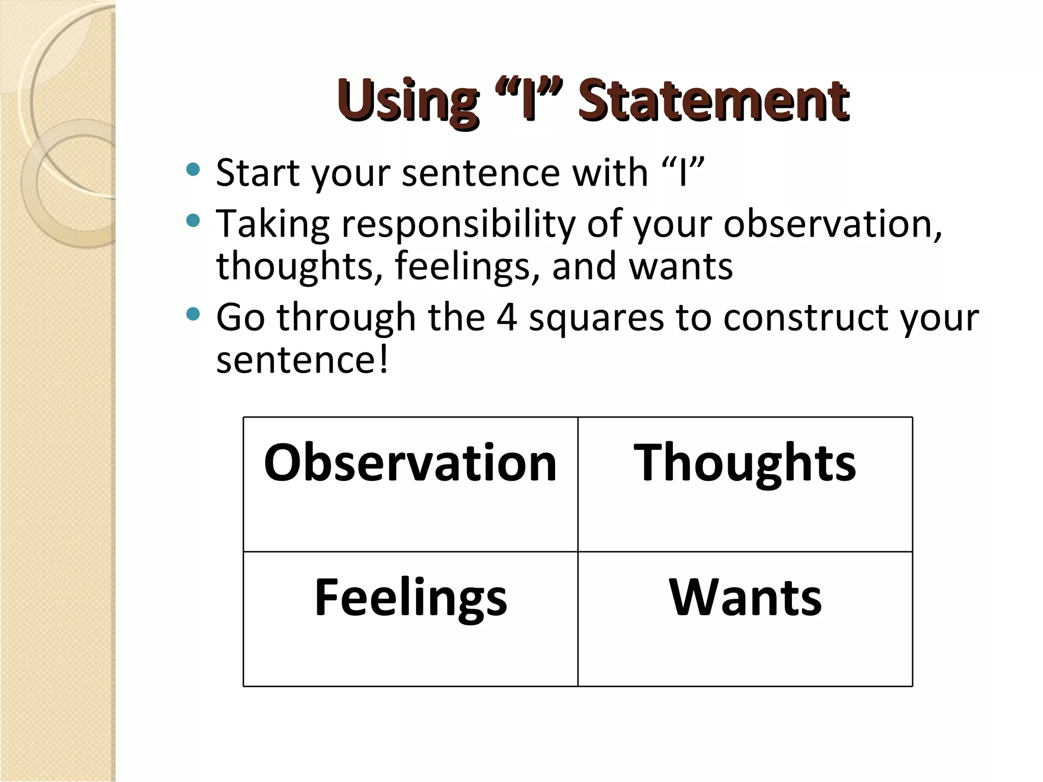 Using “I” Statement Start your sentence with “I” Taking responsibility of your observation, thoughts, feelings, and wants Go through the 4 squares to construct your sentence! Observation Thoughts Feelings Wants 