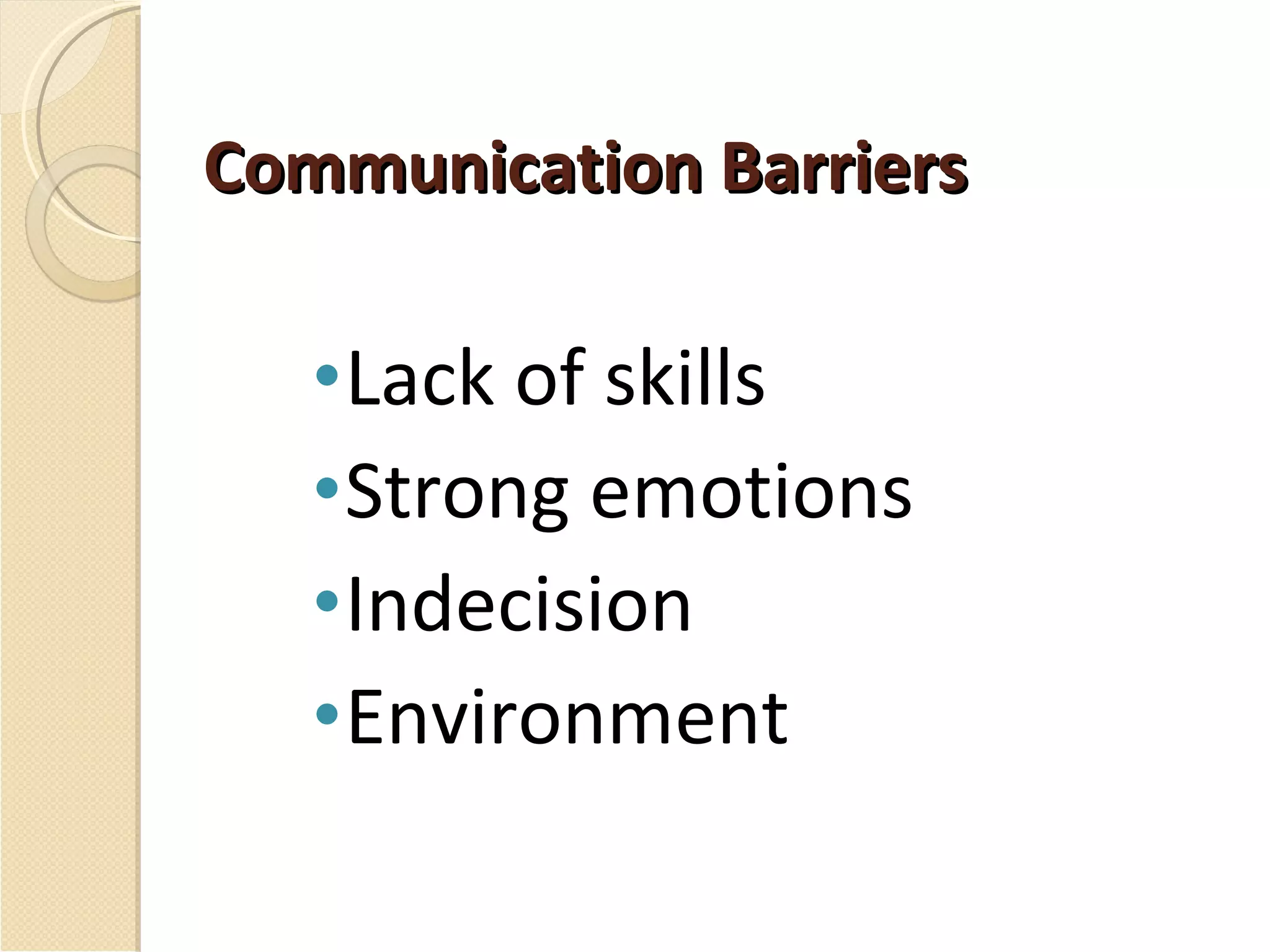 Communication Barriers Lack of skills Strong emotions Indecision Environment 