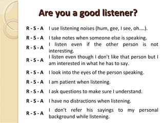 Are you a good listener? R - S - A I use listening noises (hum, gee, I see, oh....).  R - S - A I take notes when someone else is speaking. R - S - A I listen even if the other person is not interesting. R - S - A I listen even though I don't like that person but I am interested in what he has to say. R - S - A I look into the eyes of the person speaking. R - S - A I am patient when listening. R - S - A I ask questions to make sure I understand. R - S - A I have no distractions when listening. R - S - A I don't refer his sayings to my personal background while listening. 
