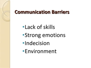 Communication Barriers Lack of skills Strong emotions Indecision Environment 
