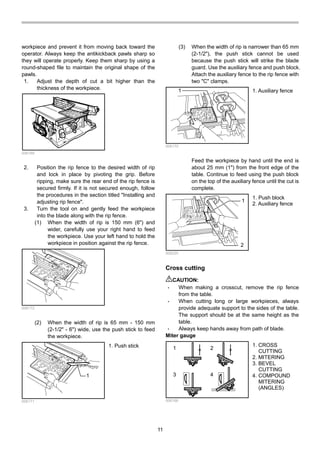 11
workpiece and prevent it from moving back toward the
operator. Always keep the antikickback pawls sharp so
they will operate properly. Keep them sharp by using a
round-shaped file to maintain the original shape of the
pawls.
1. Adjust the depth of cut a bit higher than the
thickness of the workpiece.
006169
2. Position the rip fence to the desired width of rip
and lock in place by pivoting the grip. Before
ripping, make sure the rear end of the rip fence is
secured firmly. If it is not secured enough, follow
the procedures in the section titled "Installing and
adjusting rip fence".
3. Turn the tool on and gently feed the workpiece
into the blade along with the rip fence.
(1) When the width of rip is 150 mm (6") and
wider, carefully use your right hand to feed
the workpiece. Use your left hand to hold the
workpiece in position against the rip fence.
006172
(2) When the width of rip is 65 mm - 150 mm
(2-1/2" - 6") wide, use the push stick to feed
the workpiece.
1
006171
(3) When the width of rip is narrower than 65 mm
(2-1/2"), the push stick cannot be used
because the push stick will strike the blade
guard. Use the auxiliary fence and push block.
Attach the auxiliary fence to the rip fence with
two "C" clamps.
1
006170
Feed the workpiece by hand until the end is
about 25 mm (1") from the front edge of the
table. Continue to feed using the push block
on the top of the auxiliary fence until the cut is
complete.
1
2
006220
Cross cutting
CAUTION:
• When making a crosscut, remove the rip fence
from the table.
• When cutting long or large workpieces, always
provide adequate support to the sides of the table.
The support should be at the same height as the
table.
• Always keep hands away from path of blade.
Miter gauge
1 2
3 4
006166
1. CROSS
CUTTING
2. MITERING
3. BEVEL
CUTTING
4. COMPOUND
MITERING
(ANGLES)
1. Push block
2. Auxiliary fence
1. Auxiliary fence
1. Push stick
 