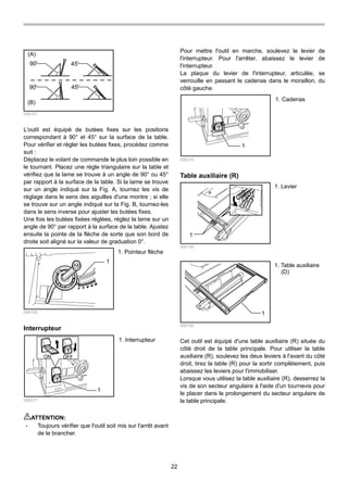 22
(A)
(B)
90
90 45
45
006157
L'outil est équipé de butées fixes sur les positions
correspondant à 90° et 45° sur la surface de la table.
Pour vérifier et régler les butées fixes, procédez comme
suit :
Déplacez le volant de commande le plus loin possible en
le tournant. Placez une règle triangulaire sur la table et
vérifiez que la lame se trouve à un angle de 90° ou 45°
par rapport à la surface de la table. Si la lame se trouve
sur un angle indiqué sur la Fig. A, tournez les vis de
réglage dans le sens des aiguilles d'une montre ; si elle
se trouve sur un angle indiqué sur la Fig. B, tournez-les
dans le sens inverse pour ajuster les butées fixes.
Une fois les butées fixées réglées, réglez la lame sur un
angle de 90° par rapport à la surface de la table. Ajustez
ensuite la pointe de la flèche de sorte que son bord de
droite soit aligné sur la valeur de graduation 0°.
1
006158
Interrupteur
ON OFF
1
006217
ATTENTION:
• Toujours vérifier que l'outil soit mis sur l'arrêt avant
de le brancher.
Pour mettre l'outil en marche, soulevez le levier de
l'interrupteur. Pour l'arrêter, abaissez le levier de
l'interrupteur.
La plaque du levier de l'interrupteur, articulée, se
verrouille en passant le cadenas dans le moraillon, du
côté gauche.
1
006216
Table auxiliaire (R)
1
006149
1
006150
Cet outil est équipé d'une table auxiliaire (R) située du
côté droit de la table principale. Pour utiliser la table
auxiliaire (R), soulevez les deux leviers à l'avant du côté
droit, tirez la table (R) pour la sortir complètement, puis
abaissez les leviers pour l'immobiliser.
Lorsque vous utilisez la table auxiliaire (R), desserrez la
vis de son secteur angulaire à l'aide d'un tournevis pour
le placer dans le prolongement du secteur angulaire de
la table principale.
1. Table auxiliaire
(D)
1. Levier
1. Cadenas
1. Interrupteur
1. Pointeur flèche
 