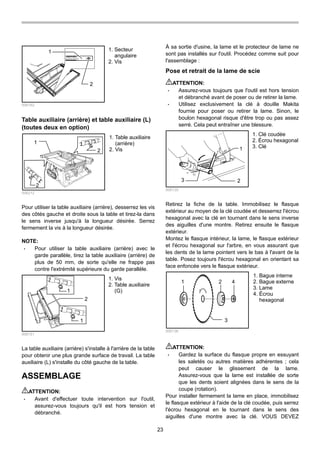 23
1
2
006162
Table auxiliaire (arrière) et table auxiliaire (L)
(toutes deux en option)
2
1
2
006212
Pour utiliser la table auxiliaire (arrière), desserrez les vis
des côtés gauche et droite sous la table et tirez-la dans
le sens inverse jusqu'à la longueur désirée. Serrez
fermement la vis à la longueur désirée.
NOTE:
• Pour utiliser la table auxiliaire (arrière) avec le
garde parallèle, tirez la table auxiliaire (arrière) de
plus de 50 mm, de sorte qu'elle ne frappe pas
contre l'extrémité supérieure du garde parallèle.
1
1
2
006151
La table auxiliaire (arrière) s'installe à l'arrière de la table
pour obtenir une plus grande surface de travail. La table
auxiliaire (L) s'installe du côté gauche de la table.
ASSEMBLAGE
ATTENTION:
• Avant d'effectuer toute intervention sur l'outil,
assurez-vous toujours qu'il est hors tension et
débranché.
À sa sortie d'usine, la lame et le protecteur de lame ne
sont pas installés sur l'outil. Procédez comme suit pour
l'assemblage :
Pose et retrait de la lame de scie
ATTENTION:
• Assurez-vous toujours que l'outil est hors tension
et débranché avant de poser ou de retirer la lame.
• Utilisez exclusivement la clé à douille Makita
fournie pour poser ou retirer la lame. Sinon, le
boulon hexagonal risque d'être trop ou pas assez
serré. Cela peut entraîner une blessure.
1
3 2
006135
Retirez la fiche de la table. Immobilisez le flasque
extérieur au moyen de la clé coudée et desserrez l'écrou
hexagonal avec la clé en tournant dans le sens inverse
des aiguilles d'une montre. Retirez ensuite le flasque
extérieur.
Montez le flasque intérieur, la lame, le flasque extérieur
et l'écrou hexagonal sur l'arbre, en vous assurant que
les dents de la lame pointent vers le bas à l'avant de la
table. Posez toujours l'écrou hexagonal en orientant sa
face enfoncée vers le flasque extérieur.
1 2
3
4
006136
ATTENTION:
• Gardez la surface du flasque propre en essuyant
les saletés ou autres matières adhérentes ; cela
peut causer le glissement de la lame.
Assurez-vous que la lame est installée de sorte
que les dents soient alignées dans le sens de la
coupe (rotation).
Pour installer fermement la lame en place, immobilisez
le flasque extérieur à l'aide de la clé coudée, puis serrez
l'écrou hexagonal en le tournant dans le sens des
aiguilles d'une montre avec la clé. VOUS DEVEZ
1. Bague interne
2. Bague externe
3. Lame
4. Écrou
hexagonal
1. Clé coudée
2. Écrou hexagonal
3. Clé
1. Vis
2. Table auxiliaire
(G)
1. Table auxiliaire
(arrière)
2. Vis
1. Secteur
angulaire
2. Vis
 