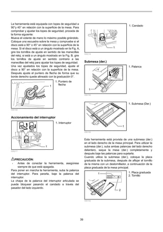 39
La herramienta está equipada con topes de seguridad a
90°y 45° en relación con la superficie de la mesa. Para
comprobar y ajustar los topes de seguridad, proceda de
la forma siguiente:
Mueva el volante de mano lo máximo posible girándolo.
Coloque una escuadra sobre la mesa y compruebe si el
disco está a 90° o 45° en relación con la superficie de la
mesa. Si el disco está a un ángulo mostrado en la Fig. A,
gire los tornillos de ajuste en sentido de las manecillas
del reloj; si está a un ángulo mostrado en la Fig. B, gire
los tornillos de ajuste en sentido contrario a las
manecillas del reloj para ajustar los topes de seguridad.
Una vez ajustados los topes de seguridad, ajuste el
disco a 90° en relación con la superficie de la mesa.
Después ajuste el puntero de flecha de forma que su
borde derecho quede alineado con la graduación 0°.
1
006158
Accionamiento del interruptor
ON OFF
1
006217
PRECAUCIÓN:
• Antes de conectar la herramienta, asegúrese
siempre de que está apagada.
Para poner en marcha la herramienta, suba la palanca
del interruptor. Para pararla, baje la palanca del
interruptor.
La chapa de la palanca del interruptor articulada se
puede bloquear pasando el candado a través del
pasador del lado izquierdo.
1
006216
Submesa (der.)
1
006149
1
006150
Esta herramienta está provista de una submesa (der.)
en el lado derecho de la mesa principal. Para utilizar la
submesa (der.), suba ambas palancas del lado derecho
delantero, saque la mesa (der.) completamente y
después baje las palancas para sujetarla.
Cuando utilice la submesa (der.), coloque la placa
graduada de la submesa, después de aflojar el tornillo
de la misma con un destornillador, a continuación de la
placa graduada de la mesa principal.
1
2
006162
1. Placa graduada
2. Tornillo
1. Submesa (Der.)
1. Palanca
1. Candado
1. Interruptor
1. Puntero de
flecha
 