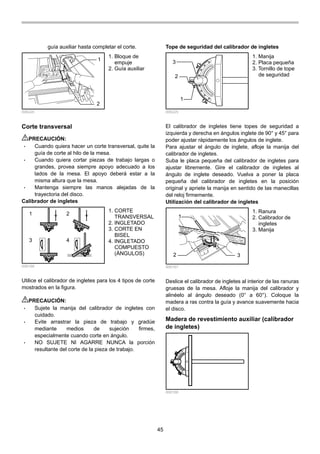45
guía auxiliar hasta completar el corte.
1
2
006220
Corte transversal
PRECAUCIÓN:
• Cuando quiera hacer un corte transversal, quite la
guía de corte al hilo de la mesa.
• Cuando quiera cortar piezas de trabajo largas o
grandes, provea siempre apoyo adecuado a los
lados de la mesa. El apoyo deberá estar a la
misma altura que la mesa.
• Mantenga siempre las manos alejadas de la
trayectoria del disco.
Calibrador de ingletes
1 2
3 4
006166
Utilice el calibrador de ingletes para los 4 tipos de corte
mostrados en la figura.
PRECAUCIÓN:
• Sujete la manija del calibrador de ingletes con
cuidado.
• Evite arrastrar la pieza de trabajo y gradúe
mediante medios de sujeción firmes,
especialmente cuando corte en ángulo.
• NO SUJETE NI AGARRE NUNCA la porción
resultante del corte de la pieza de trabajo.
Tope de seguridad del calibrador de ingletes
1
3
2
006225
El calibrador de ingletes tiene topes de seguridad a
izquierda y derecha en ángulos inglete de 90° y 45° para
poder ajustar rápidamente los ángulos de inglete.
Para ajustar el ángulo de inglete, afloje la manija del
calibrador de ingletes.
Suba le placa pequeña del calibrador de ingletes para
ajustar libremente. Gire el calibrador de ingletes al
ángulo de inglete deseado. Vuelva a poner la placa
pequeña del calibrador de ingletes en la posición
original y apriete la manija en sentido de las manecillas
del reloj firmemente.
Utilización del calibrador de ingletes
1
2 3
006167
Deslice el calibrador de ingletes al interior de las ranuras
gruesas de la mesa. Afloje la manija del calibrador y
alinéelo al ángulo deseado (0° a 60°). Coloque la
madera a ras contra la guía y avance suavemente hacia
el disco.
Madera de revestimiento auxiliar (calibrador
de ingletes)
006168
1. Ranura
2. Calibrador de
ingletes
3. Manija
1. Manija
2. Placa pequeña
3. Tornillo de tope
de seguridad
1. CORTE
TRANSVERSAL
2. INGLETADO
3. CORTE EN
BISEL
4. INGLETADO
COMPUESTO
(ÁNGULOS)
1. Bloque de
empuje
2. Guía auxiliar
 
