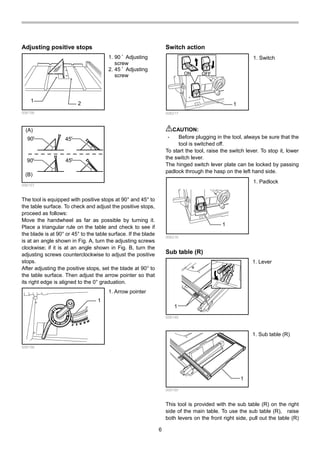 6
Adjusting positive stops
1
2
006156
(A)
(B)
90
90 45
45
006157
The tool is equipped with positive stops at 90° and 45° to
the table surface. To check and adjust the positive stops,
proceed as follows:
Move the handwheel as far as possible by turning it.
Place a triangular rule on the table and check to see if
the blade is at 90° or 45° to the table surface. If the blade
is at an angle shown in Fig. A, turn the adjusting screws
clockwise; if it is at an angle shown in Fig. B, turn the
adjusting screws counterclockwise to adjust the positive
stops.
After adjusting the positive stops, set the blade at 90° to
the table surface. Then adjust the arrow pointer so that
its right edge is aligned to the 0° graduation.
1
006158
Switch action
ON OFF
1
006217
CAUTION:
• Before plugging in the tool, always be sure that the
tool is switched off.
To start the tool, raise the switch lever. To stop it, lower
the switch lever.
The hinged switch lever plate can be locked by passing
padlock through the hasp on the left hand side.
1
006216
Sub table (R)
1
006149
1
006150
This tool is provided with the sub table (R) on the right
side of the main table. To use the sub table (R), raise
both levers on the front right side, pull out the table (R)
1. Sub table (R)
1. Lever
1. Padlock
1. Switch
1. Arrow pointer
1. 90 ﾟ Adjusting
screw
2. 45 ﾟ Adjusting
screw
 
