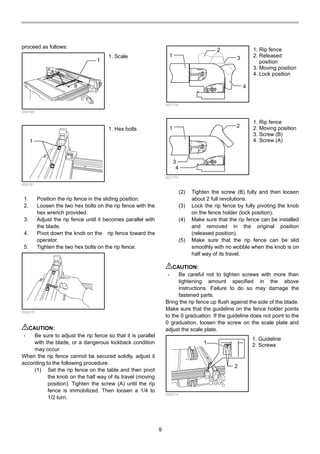 9
proceed as follows:
1
B
A
006160
1
006161
1. Position the rip fence in the sliding position.
2. Loosen the two hex bolts on the rip fence with the
hex wrench provided.
3. Adjust the rip fence until it becomes parallel with
the blade.
4. Pivot down the knob on the rip fence toward the
operator.
5. Tighten the two hex bolts on the rip fence.
006215
CAUTION:
• Be sure to adjust the rip fence so that it is parallel
with the blade, or a dangerous kickback condition
may occur.
When the rip fence cannot be secured solidly, adjust it
according to the following procedure.
(1) Set the rip fence on the table and then pivot
the knob on the half way of its travel (moving
position). Tighten the screw (A) until the rip
fence is immobilized. Then loosen a 1/4 to
1/2 turn.
1
2
3
4
007778
1 2
3
4
007779
(2) Tighten the screw (B) fully and then loosen
about 2 full revolutions.
(3) Lock the rip fence by fully pivoting the knob
on the fence holder (lock position).
(4) Make sure that the rip fence can be installed
and removed in the original position
(released position).
(5) Make sure that the rip fence can be slid
smoothly with no wobble when the knob is on
half way of its travel.
CAUTION:
• Be careful not to tighten screws with more than
tightening amount specified in the above
instructions. Failure to do so may damage the
fastened parts.
Bring the rip fence up flush against the side of the blade.
Make sure that the guideline on the fence holder points
to the 0 graduation. If the guideline does not point to the
0 graduation, loosen the screw on the scale plate and
adjust the scale plate.
1
2
006214
1. Guideline
2. Screws
1. Rip fence
2. Moving position
3. Screw (B)
4. Screw (A)
1. Rip fence
2. Released
position
3. Moving position
4. Lock position
1. Hex bolts
1. Scale
 