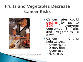  Cancer rates could
decline by up to
20% if everyone
consumed 5 fruits
and vegetables a
day!*
 Cancer fighting
substances:
◦ Antioxidants
◦ Dietary fiber
◦ Arytenoids
◦ Flavanoids*American Institute for Cancer Research, 1998.
 