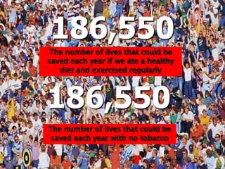 186,550
The number of lives that could be
saved each year if we ate a healthy
diet and exercised regularly
186,550
The number of lives that could be
saved each year with no tobacco
 