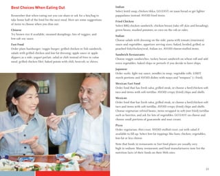 Best Choices When Eating Out                                                  Indian
                                                                              Select lentil soup, chicken tikka; GO EASY on naan bread or get lighter
Remember that when eating out you can share or ask for a box/bag to           pappadams instead. AVOID fried items.
take home half of the food for the next meal. Here are some suggestions
                                                                              Fried Chicken
of items to choose when you dine out:
                                                                              Select BBQ chicken sandwich; chicken breast (take off skin and breading);
Chinese                                                                       green beans, mashed potatoes, or corn on the cob as sides.
Try brown rice if available; steamed dumplings; lots of veggies; and
                                                                              Italian
low-salt soy sauce.
                                                                              Choose salads with dressing on the side; pasta with tomato (marinara)
Fast Food                                                                     sauce and vegetables; appetizer serving sizes; baked, broiled, grilled, or
Order plain hamburger; veggie burger; grilled chicken or fish sandwich;       poached fish/chicken/veal; Italian ice. AVOID cheese-stuffed items.
salads with grilled chicken and low-fat dressing; apple sauce or apple
                                                                              Sandwich Restaurants
dippers as a side; yogurt parfait; salad or chili instead of fries in value
                                                                              Choose veggie sandwiches; turkey breast sandwich on wheat roll and add
meal; grilled chicken filet; baked potato with chili, broccoli, or chives.
                                                                              extra vegetables; baked chips or pretzels if you decide to have chips.
                                                                              Japanese
                                                                              Order sushi; light soy sauce; noodles in soup; vegetable rolls. LIMIT
                                                                              starch portions and AVOID dishes with mayo and “tempura” (= fried).
                                                                              Mexican Fast Food
                                                                              Order food that has fresh salsa, grilled steak, or choose a beef/chicken soft
                                                                              taco and items with soft tortillas. AVOID crispy (fried) chips and shells.
                                                                              Mexican
                                                                              Order food that has fresh salsa, grilled steak, or choose a beef/chicken soft
                                                                              taco and items with soft tortillas. AVOID crispy (fried) chips and shells.
                                                                              Choose vegetarian refried beans; items wrapped in soft (not fried) tortillas
                                                                              such as burritos, and ask for lots of vegetables. GO EASY on cheese and
                                                                              choose small portions of guacamole and sour cream.
                                                                              Pizza
                                                                              Order vegetarian; thin crust. AVOID stuffed crust; eat with salad if
                                                                              available to fill up. Select low-fat toppings like ham, chicken, vegetables,
                                                                              low-fat or less cheese.
                                                                              Note that foods in restaurants or fast food places are usually very
                                                                              high in sodium. Many restaurants and food manufacturers now list the
                                                                              nutrition facts of their foods on their Web sites.




20                                                                                                                                                           21
 