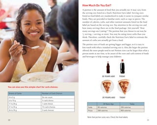 How Much Do You Eat?
                                                            A portion is the amount of food that you actually eat. It may vary from
                                                            the serving size listed on a food’s Nutrition Facts label. Serving sizes
                                                            listed on food labels are standardized to make it easier to compare similar
                                                            foods. They are provided in familiar units, such as cups or pieces. The
                                                            number of calories, carbs, and other nutrient amounts listed on the food
                                                            label are based on the serving size. Pay attention to the serving size and
                                                            how many servings there are in the food package. Ask yourself, “How
                                                            many servings am I eating?” The portion that you choose to eat may be
                                                            ½ serving, 1 serving, or more. You may be eating more carbs than you
                                                            think. Therefore, carefully check the Nutrition Facts label to estimate the
                                                            amount of carbs you actually get from a food.
                                                            The portion sizes of foods are getting bigger and bigger, so it is easy to
                                                            lose touch with what a standard serving size is. Also, the larger the portion
                                                            offered, the more people tend to eat! Portion sizes can be larger than what a
                                                            person needs at one time, so be aware of the sizes and carb content of foods
                                                            and beverages to help manage your diabetes.
                                                                                      nage




                                                                                   20 YEARS AGO          TO
                                                                                                         TODAY




You can also use this simple chart for carb choices:

Grams of Carbs                     Number of Carb Choices

0 to 5 g                           Do not count                                     20 YEARS AGO         TODAY
6 to 10 g                          ½ carb choice
11 to 20 g                         1 carb choice                                     20 Years Ago                       Today
21 to 25 g                         1½ carb choices                Soda        85 calories                  250 calories
26 to 35 g                         2 carb choices                 Pizza       500 calories                 850 calories


                                                                 Note that portion sizes vary. Check the food labels.
10                                                                                                                                    11
 