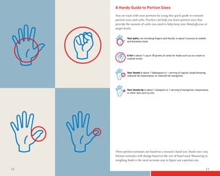 A Handy Guide to Portion Sizes
     Stay on track with your portions by using this quick guide to estimate
     portion sizes and carbs. Practice can help you learn portion sizes that
     provide the amount of carbs you need to help keep your blood glucose at
     target levels.


              Your palm, not including ﬁngers and thumb, is about 3 ounces of cooked
              and boneless meat.




              A ﬁst is about 1 cup or 30 grams of carbs for foods such as ice cream or
              cooked cereal.




              Your thumb is about 1 tablespoon or 1 serving of regular salad dressing,
              reduced-fat mayonnaise, or reduced-fat margarine.




              Your thumb tip is about 1 teaspoon or 1 serving of margarine, mayonnaise,
              or other fats such as oils.




     These portion estimates are based on a woman’s hand size. Hand sizes vary.
     Portion estimates will change based on the size of hand used. Measuring or
     weighing foods is the most accurate way to figure out a portion size.

12                                                                                       13
 
