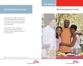 Lilly Diabetes

My Carbohydrate Guide                                                                         My Carbohydrate Guide


With diabetes, knowledge is good medicine.
Understanding carbohydrates and learning
how to plan meals can help you to manage
your diabetes and reach your blood glucose
(blood sugar) goals.


This brochure is part of the diabetes
education program from Eli Lilly and
Company. Ask your healthcare provider for
more information.




HI62607   0310 PRINTED IN USA. ©2010, LILLY USA, LLC. ALL RIGHTS RESERVED.
 