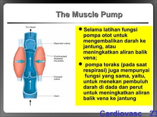 The Muscle PumpThe Muscle Pump
Selama latihan fungsi
pompa otot untuk
mengembalikan darah ke
jantung, atau
meningkatkan aliran balik
vena;
 pompa toraks (pada saat
respirasi) juga mempunyai
fungsi yang sama, yaitu,
untuk menekan pembuluh
darah di dada dan perut
untuk meningkatkan aliran
balik vena ke jantung
23Cardiovasc
 