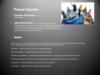 • Career Cluster: Tourism
and Hospitality
Travel Agents
• Job Overview: Plan and sell transportation and
accommodations for travel agency customers. Determine destination, modes
of transportation, travel dates, costs, and accommodations required. May
also describe, plan, and arrange itineraries and sell tour packages. May
assist in resolving clients' travel problems.
• Skills
Active Listening — Giving full attention to what other people are saying, taking time to understand the points being
made, asking questions as appropriate, and not interrupting at inappropriate times.
Speaking — Talking to others to convey information effectively.
Service Orientation — Actively looking for ways to help people.
Reading Comprehension — Understanding written sentences and paragraphs in work related documents.
Social Perceptiveness — Being aware of others' reactions and understanding why they react as they do.
Persuasion — Persuading others to change their minds or behavior.
Coordination — Adjusting actions in relation to others' actions.
 