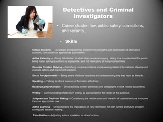 Detectives and Criminal
Investigators
Critical Thinking — Using logic and reasoning to identify the strengths and weaknesses of alternative
solutions, conclusions or approaches to problems.
Active Listening — Giving full attention to what other people are saying, taking time to understand the points
being made, asking questions as appropriate, and not interrupting at inappropriate times.
Complex Problem Solving — Identifying complex problems and reviewing related information to develop and
evaluate options and implement solutions.
Social Perceptiveness — Being aware of others' reactions and understanding why they react as they do.
Speaking — Talking to others to convey information effectively.
Reading Comprehension — Understanding written sentences and paragraphs in work related documents.
Writing — Communicating effectively in writing as appropriate for the needs of the audience.
Judgment and Decision Making — Considering the relative costs and benefits of potential actions to choose
the most appropriate one.
Active Learning — Understanding the implications of new information for both current and future problem-
solving and decision-making
Coordination — Adjusting actions in relation to others' actions.
• Skills
 