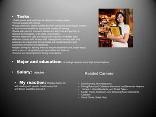 • Tasks
•Greet guests and seat them at tables or in waiting areas.
•Provide guests with menus.
•Assign patrons to tables suitable for their needs and according to rotation
so that servers receive an appropriate number of seating.
•Speak with patrons to ensure satisfaction with food and service, to
respond to complaints, or to make conversation.
•Answer telephone calls and respond to inquiries or transfer calls.
•Maintain contact with kitchen staff, management, serving staff, and
customers to ensure that dining details are handled properly and
customers' concerns are addressed.
•Inspect dining and serving areas to ensure cleanliness and proper setup.
•Inform patrons of establishment specialties and features.
•Receive and record patrons' dining reservations.
• Major and education: no college required just a high school diploma
• Salary: $28,000
• My reaction: Hostess has to do
with dealing with people. I really enjoy that
and think I would be good at it
Related Careers:
• Food Servers, Non-restaurant
• Dining Room and Cafeteria Attendants and Bartender Helpers
• Ushers, Lobby Attendants, and Ticket Takers
• Locker Room, Coatroom, and Dressing Room Attendants
• Cashiers
• Stock Clerks, Sales Floor
 