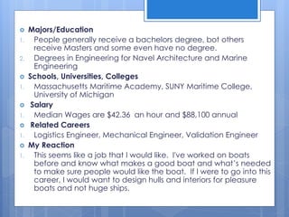  Majors/Education
1. People generally receive a bachelors degree, bot others
receive Masters and some even have no degree.
2. Degrees in Engineering for Navel Architecture and Marine
Engineering
 Schools, Universities, Colleges
1. Massachusetts Maritime Academy, SUNY Maritime College,
University of Michigan
 Salary
1. Median Wages are $42.36 an hour and $88,100 annual
 Related Careers
1. Logistics Engineer, Mechanical Engineer, Validation Engineer
 My Reaction
1. This seems like a job that I would like. I've worked on boats
before and know what makes a good boat and what’s needed
to make sure people would like the boat. If I were to go into this
career, I would want to design hulls and interiors for pleasure
boats and not huge ships.
 