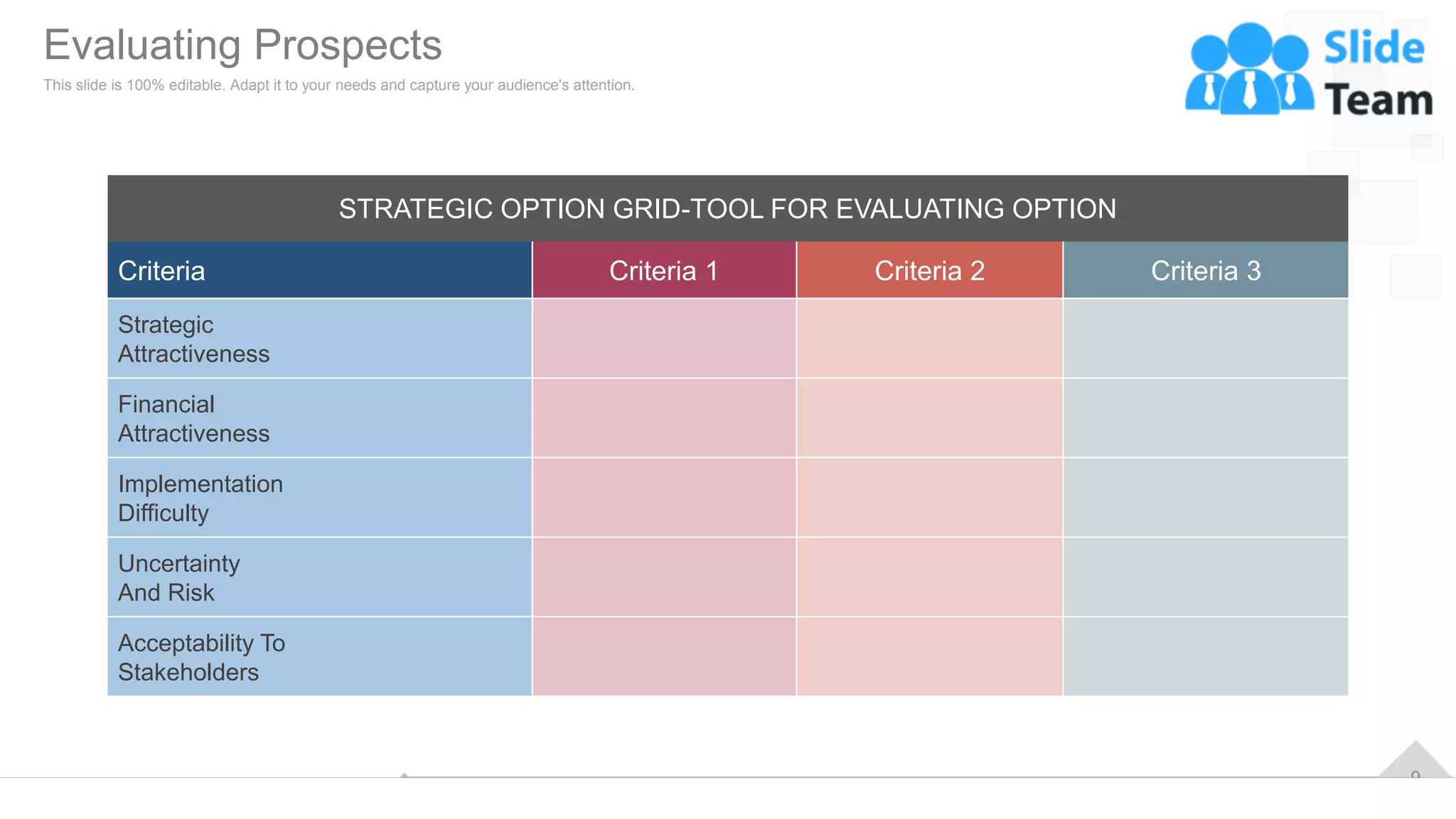 9
STRATEGIC OPTION GRID-TOOL FOR EVALUATING OPTION
Criteria Criteria 1 Criteria 2 Criteria 3
Strategic
Attractiveness
Financial
Attractiveness
Implementation
Difficulty
Uncertainty
And Risk
Acceptability To
Stakeholders
Evaluating Prospects
This slide is 100% editable. Adapt it to your needs and capture your audience's attention.
 