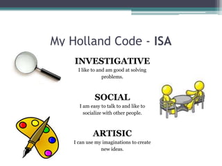 My Holland Code - ISA
    INVESTIGATIVE
      I like to and am good at solving
                  problems.



             SOCIAL
      I am easy to talk to and like to
        socialize with other people.



            ARTISIC
    I can use my imaginations to create
                new ideas.
 