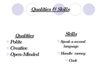 Qualities & Skills Qualities Polite Creative Open-Minded Skills Speak a second language Handle  money Cook 