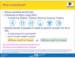 What is ElderShield?

   • Severe disability benefit plan
   • 6 Activities of Daily Living (ADL)
           – Transferring, Mobility, Toileting, Washing, Dressing, Feeding



   • Monthly benefit is payable if unable to perform at least 3 of the 6
     ADL
           – A fixed amount of cash benefit
           – Up to a fixed number of years
                   $300 per month for 5 years                                                     or              $400 per month for 6 years

   http://www.moh.gov.sg/mohcorp/hcfinancing.aspx?id=310
   http://www.aviva.com.sg/pdf/information_booklet.pdf
 This presentation is based solely on product information provided by Aviva Ltd and does not have regard to the specific investment objectives, financial situation and needs of any particular
 person. The standard terms and conditions of this plan are provided in, and is qualified in its entirety, by the relevant policy contract. This information is confidential and is strictly for internal
 circulation only and is not to be reproduced, in whole or in part for public/external distribution to policy holders, prospects and/or any other third party for any purpose whatsoever. The
 information herein is correct as at presentation.

Aviva//MC/MCP
                                                                                                                                                                                                            11
D1104.6
 