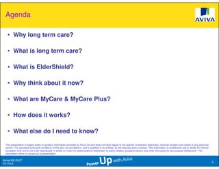 Agenda

   • Why long term care?

   • What is long term care?

   • What is ElderShield?

   • Why think about it now?

   • What are MyCare & MyCare Plus?

   • How does it works?

   • What else do I need to know?

 This presentation is based solely on product information provided by Aviva Ltd and does not have regard to the specific investment objectives, financial situation and needs of any particular
 person. The standard terms and conditions of this plan are provided in, and is qualified in its entirety, by the relevant policy contract. This information is confidential and is strictly for internal
 circulation only and is not to be reproduced, in whole or in part for public/external distribution to policy holders, prospects and/or any other third party for any purpose whatsoever. The
 information herein is correct as at presentation.

Aviva//MC/MCP
                                                                                                                                                                                                            3
D1104.6
 