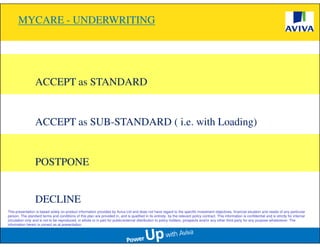 MYCARE - UNDERWRITING




                  ACCEPT as STANDARD


                  ACCEPT as SUB-STANDARD ( i.e. with Loading)


                  POSTPONE


                  DECLINE
This presentation is based solely on product information provided by Aviva Ltd and does not have regard to the specific investment objectives, financial situation and needs of any particular
person. The standard terms and conditions of this plan are provided in, and is qualified in its entirety, by the relevant policy contract. This information is confidential and is strictly for internal
circulation only and is not to be reproduced, in whole or in part for public/external distribution to policy holders, prospects and/or any other third party for any purpose whatsoever. The
information herein is correct as at presentation.
 