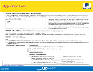 Application Form




 This presentation is based solely on product information provided by Aviva Ltd and does not have regard to the specific investment objectives, financial situation and needs of any particular
 person. The standard terms and conditions of this plan are provided in, and is qualified in its entirety, by the relevant policy contract. This information is confidential and is strictly for internal
 circulation only and is not to be reproduced, in whole or in part for public/external distribution to policy holders, prospects and/or any other third party for any purpose whatsoever. The
 information herein is correct as at presentation.

Aviva/NewAppF
orms D1106.1
 