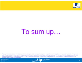 To sum up…


 This presentation is based solely on product information provided by Aviva Ltd and does not have regard to the specific investment objectives, financial situation and needs of any particular
 person. The standard terms and conditions of this plan are provided in, and is qualified in its entirety, by the relevant policy contract. This information is confidential and is strictly for internal
 circulation only and is not to be reproduced, in whole or in part for public/external distribution to policy holders, prospects and/or any other third party for any purpose whatsoever. The
 information herein is correct as at presentation.

Aviva//MC/MCP
                                                                                                                                                                                                            64
D1104.6
 