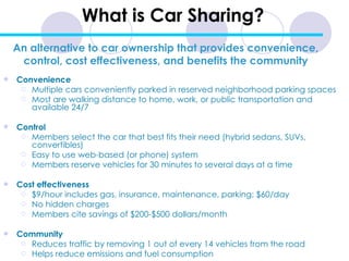 What is Car Sharing? ,[object Object],[object Object],[object Object],[object Object],[object Object],[object Object],[object Object],[object Object],[object Object],[object Object],[object Object],[object Object],[object Object],[object Object],An alternative to car ownership that provides convenience, control, cost effectiveness, and benefits the community 