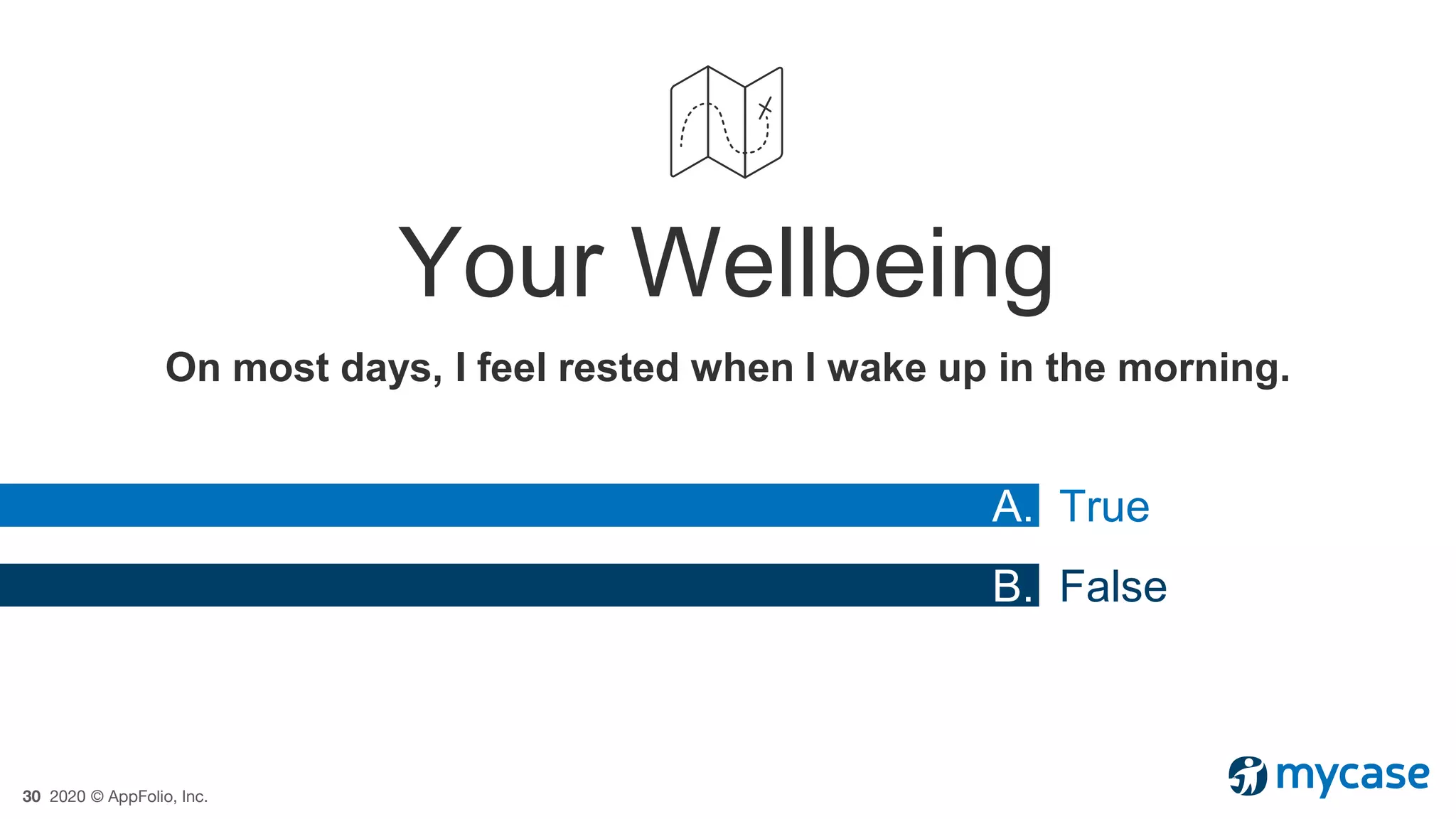 30 2020 © AppFolio, Inc.
Your Wellbeing
On most days, I feel rested when I wake up in the morning.
A. True
B. False
.
 