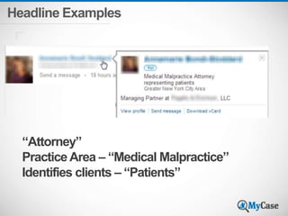 Headline Examples 
“Attorney” 
Practice Area – “Medical Malpractice” 
Identifies clients – “Patients” 
 