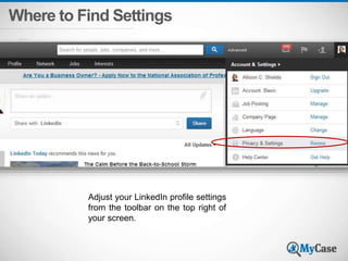 Where to Find Settings 
Adjust your LinkedIn profile settings 
from the toolbar on the top right of 
your screen. 
 