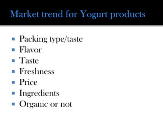  Packing type/taste
 Flavor
 Taste
 Freshness
 Price
 Ingredients
 Organic or not
 